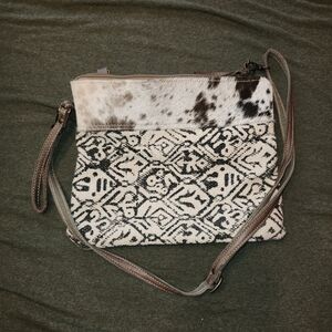 Myra Bag Black & White Patterned Crossbody with Cowhide Accent